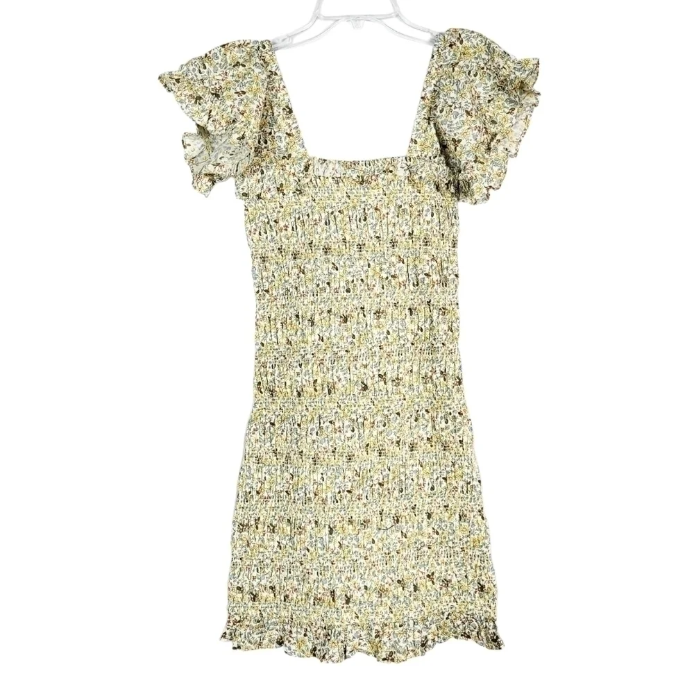 STORIA smocked floral ruffle mini dress yellow NWT